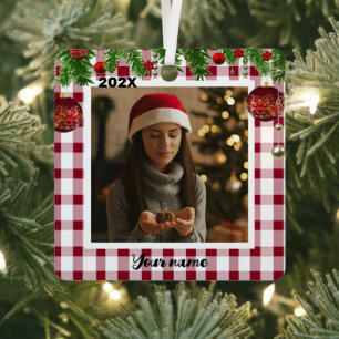 Classic Red White plaid Christmas Photo Metal Orna Ornament