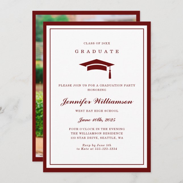 Classic Red & White Script Graduation Photo Invitation (Front/Back)