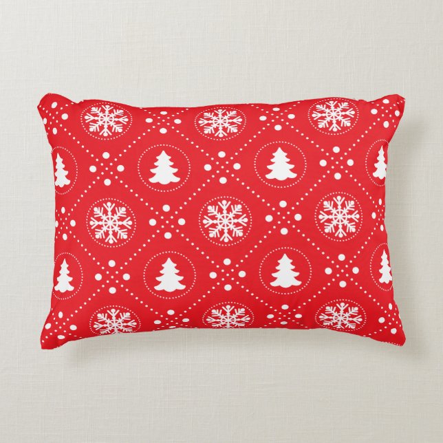 Classic Red White Snowflake Christmas Tree Design Accent Pillow (Front)