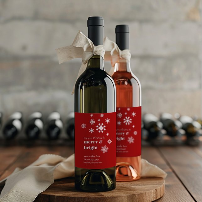 Classic Red & White Snowflake Holiday Wine Label (Creator Uploaded)