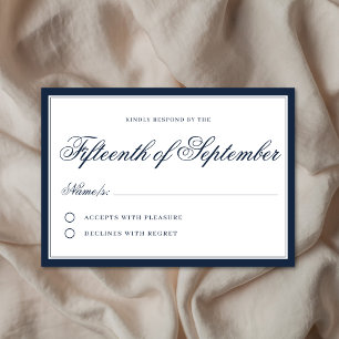 Classic Regal Navy Blue Elegant Script Minimalist RSVP Card