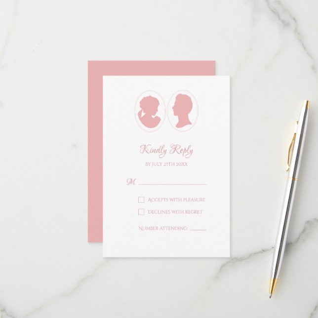 Classic Regency Pink Cameo Wedding RSVP Card (Front/Back In Situ)