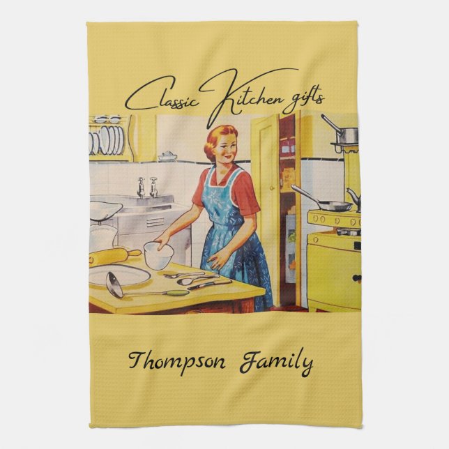 Classic retro artwork Monogram Colourful Yellow Kitchen Towel (Vertical)