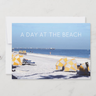 Classic Retro Beach, Blue Ocean Yellow Umbrellas Save The Date