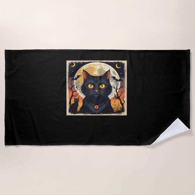 Classic Retro Black Cat Halloween T-Shirt Classic  Beach Towel (Front)
