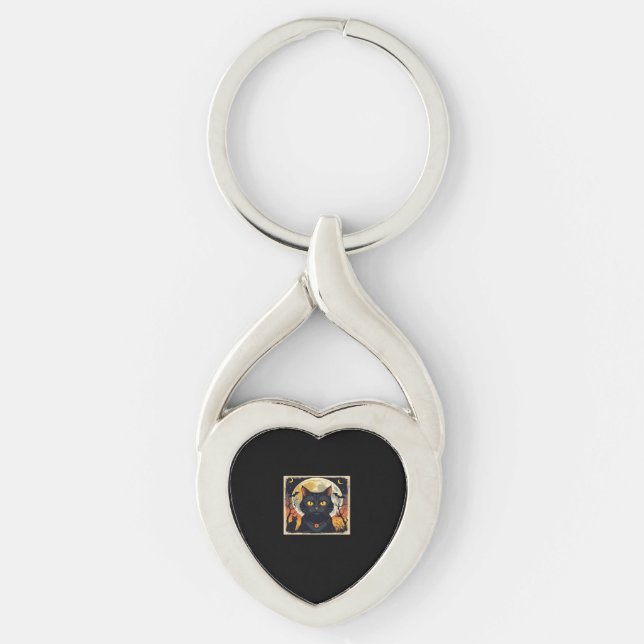 Classic Retro Black Cat Halloween T-Shirt Classic  Keychain (Front)
