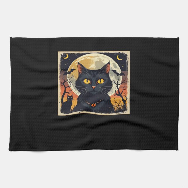 Classic Retro Black Cat Halloween T-Shirt Classic  Kitchen Towel (Horizontal)