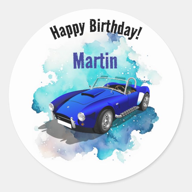 Classic Retro Blue Sports Car Birthday Adventure Classic Round Sticker (Front)