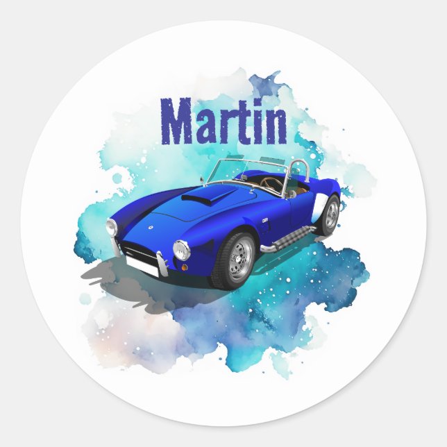 Classic Retro Blue Sports Car Birthday Adventure Classic Round Sticker (Front)