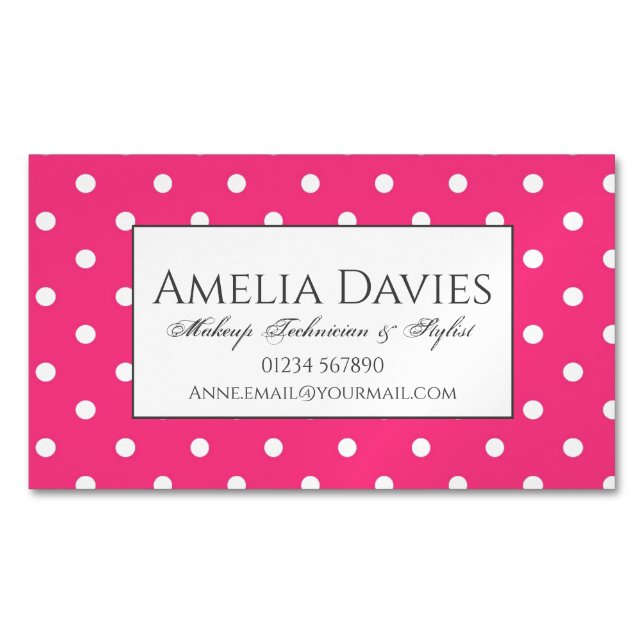 Classic Retro Bright Pink Polka Dot Magnetic Business Card (Front)