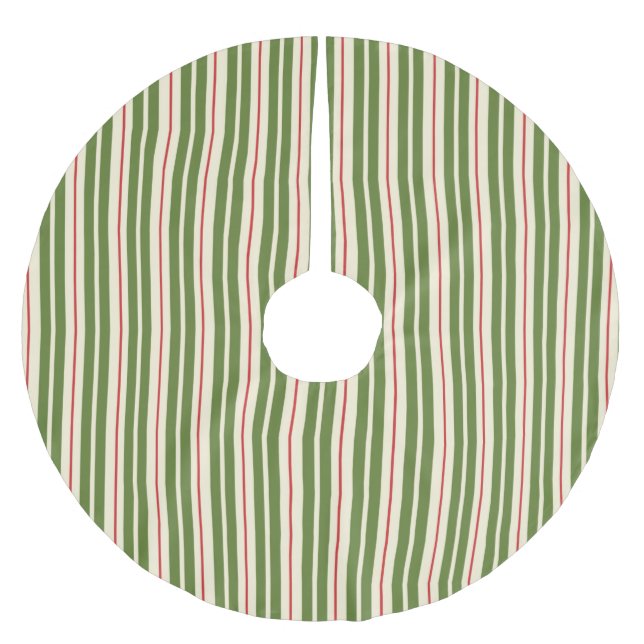 Classic Retro Christmas Stripes Olive Cream Red Brushed Polyester Tree Skirt (Front)