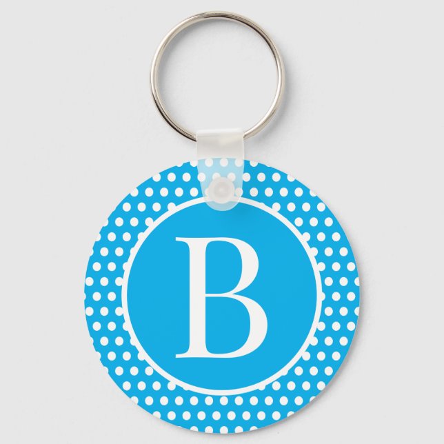 Classic Retro initial letter Sky Blue Polka Dots Keychain (Front)