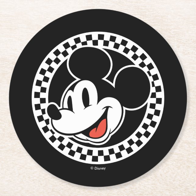 Classic Retro Mickey Mouse Chequered Round Paper Coaster (Front)