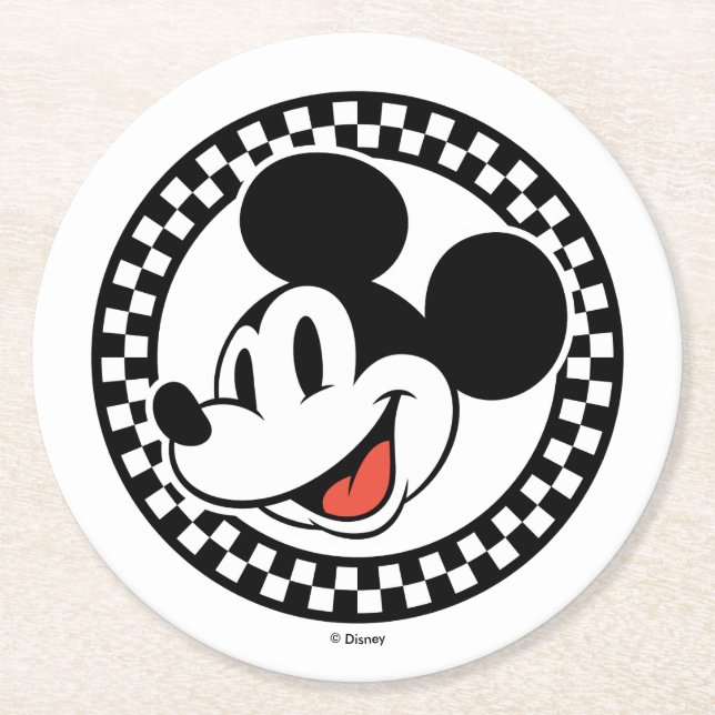 Classic Retro Mickey Mouse Chequered Round Paper Coaster (Front)