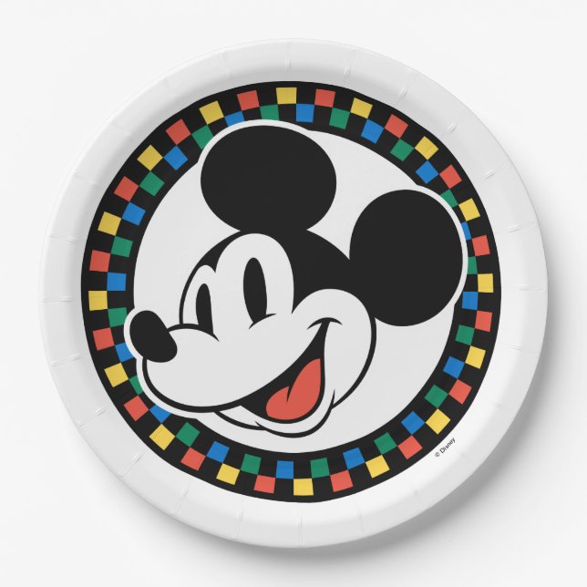Classic Retro Mickey Mouse Colourful Chequered Paper Plate (Front)