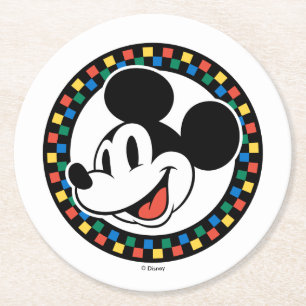 Classic Retro Mickey Mouse Colourful Chequered Round Paper Coaster