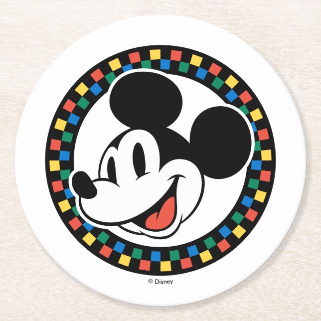Classic Retro Mickey Mouse Colourful Chequered Round Paper Coaster (Front)