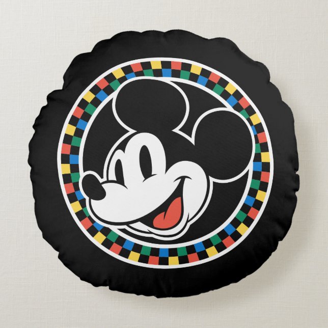 Classic Retro Mickey Mouse Colourful Chequered Round Pillow (Front)