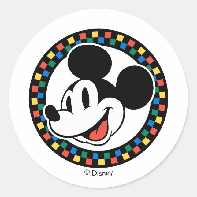 Classic Retro Mickey Mouse Colourful Chequered Round Sticker (Front)