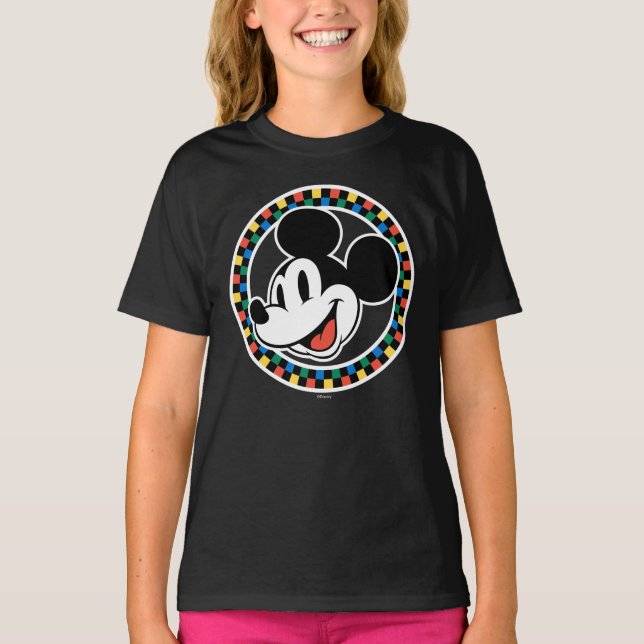 Classic Retro Mickey Mouse Colourful Chequered T-Shirt (Front)
