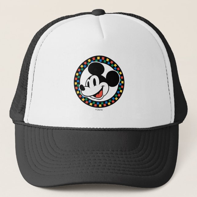 Classic Retro Mickey Mouse Colourful Chequered Trucker Hat (Front)