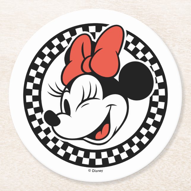 Classic Retro Minnie Mouse Chequered Round Paper Coaster (Front)