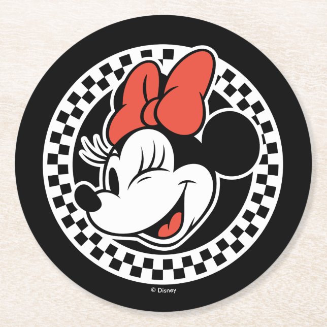 Classic Retro Minnie Mouse Chequered Round Paper Coaster (Front)