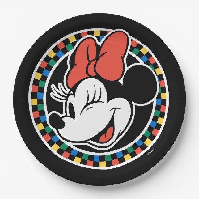 Classic Retro Minnie Mouse Coloured Chequered Paper Plate (Front)