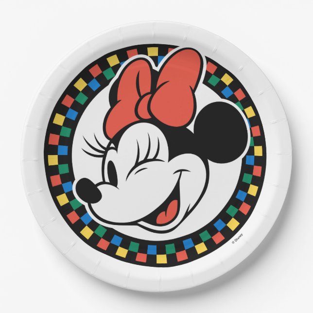 Classic Retro Minnie Mouse Coloured Chequered Paper Plate (Front)