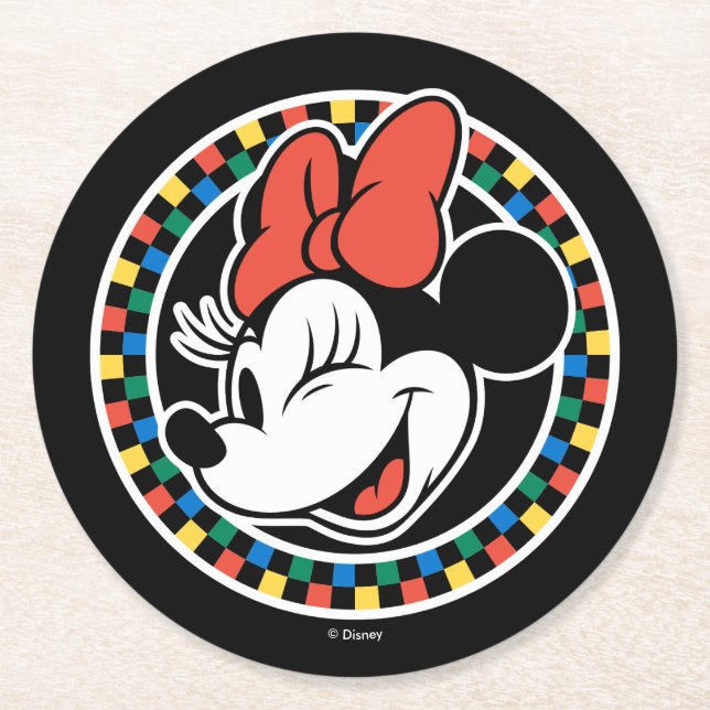 Classic Retro Minnie Mouse Coloured Chequered Round Paper Coaster (Front)