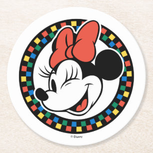 Classic Retro Minnie Mouse Coloured Chequered Round Paper Coaster