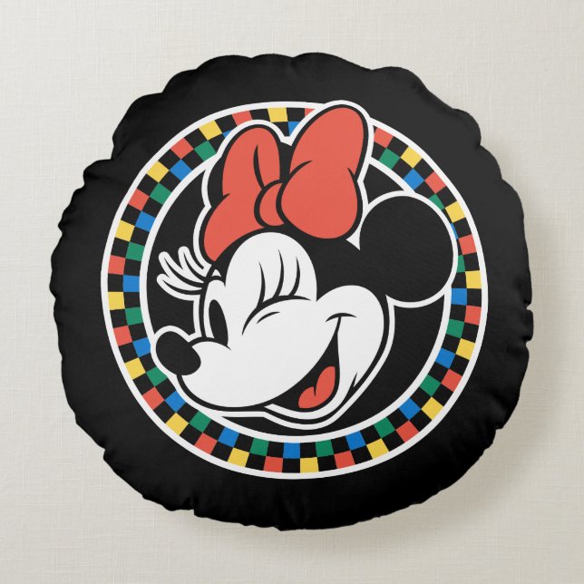 Classic Retro Minnie Mouse Coloured Chequered Round Pillow (Front)