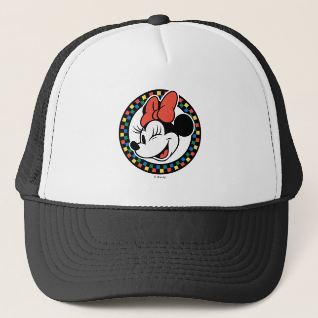Classic Retro Minnie Mouse Coloured Chequered Trucker Hat (Front)