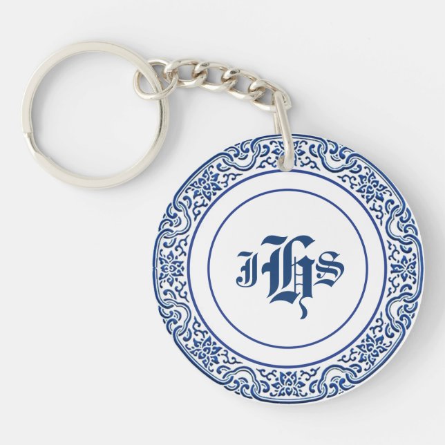 Classic Retro Personalized Monogram Blue Pattern Keychain (Front)