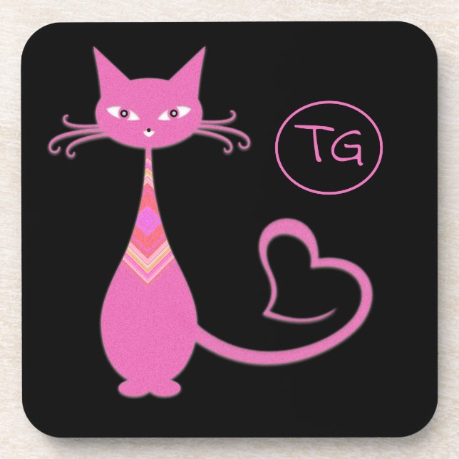 Classic Retro Pink Kitty Cat Heart Tail Monogram Coaster (Front)