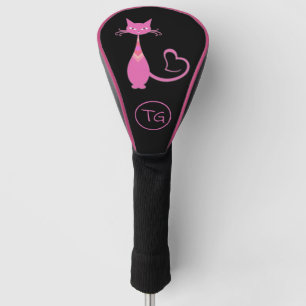 Classic Retro Pink Kitty Cat Heart Tail Monogram Golf Head Cover