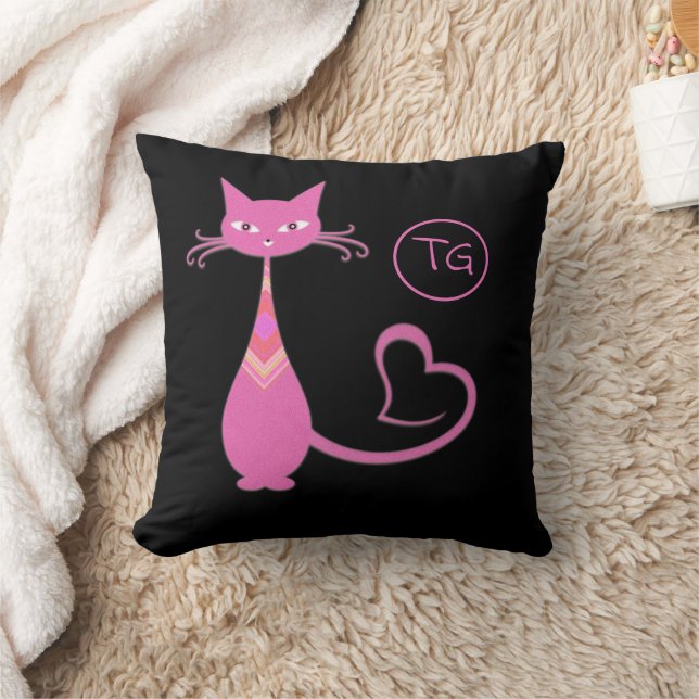 Classic Retro Pink Kitty Cat Heart Tail Monogram Throw Pillow (Blanket)