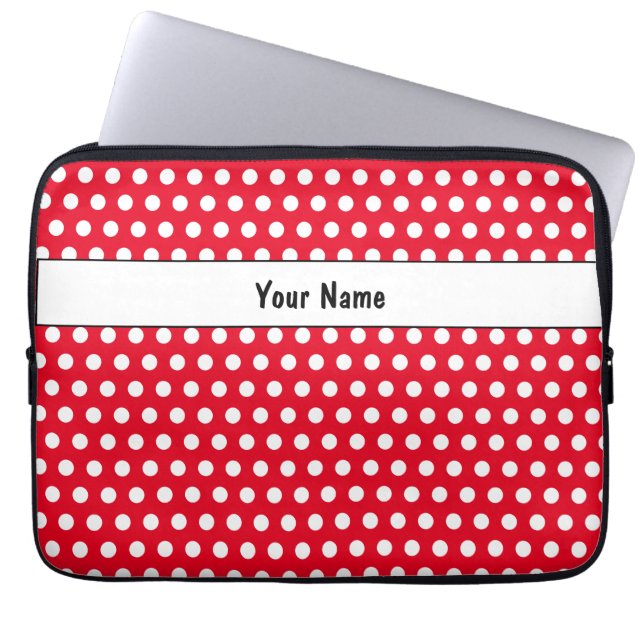 Classic Retro Polka Dot Red and White Name  Laptop Sleeve (Front)
