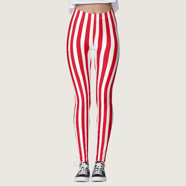 Classic Retro Red and White Vertical Stripes Leggings (Front)