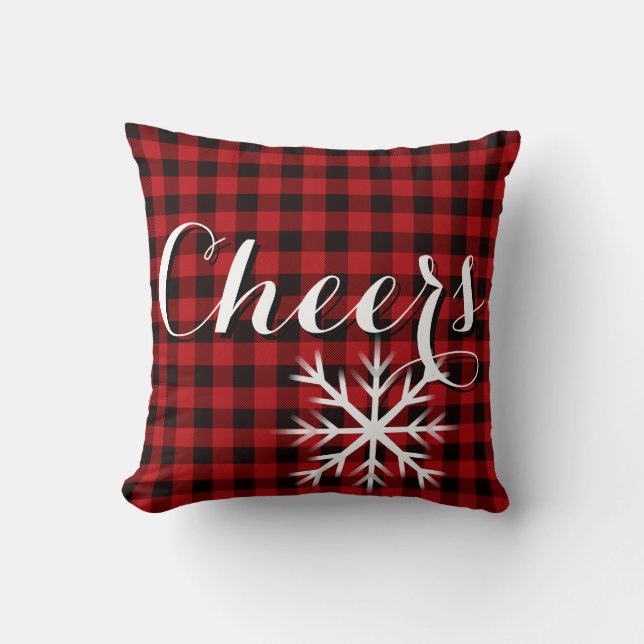 Classic retro red black plaid cheers snowflake throw pillow (Front)