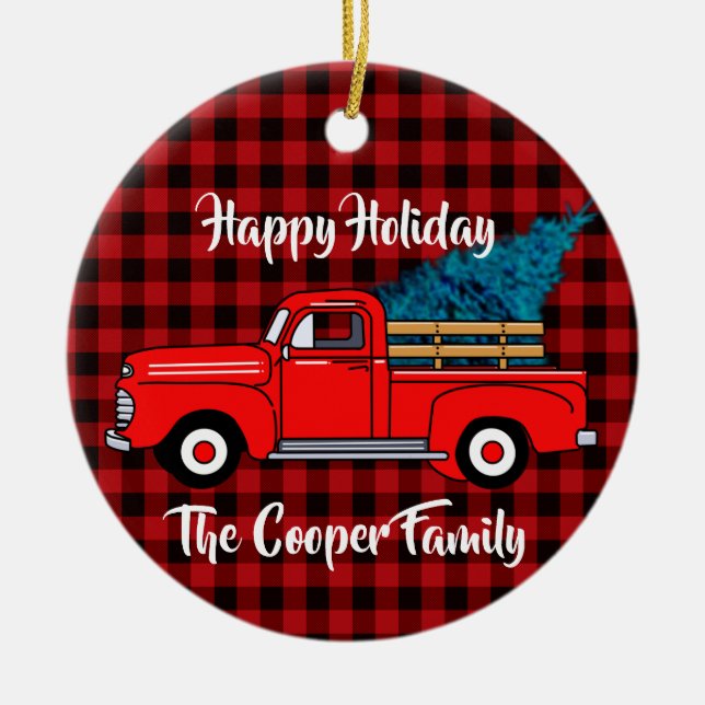 Classic retro red pickup truck red black plaid  ceramic ornament (Front)