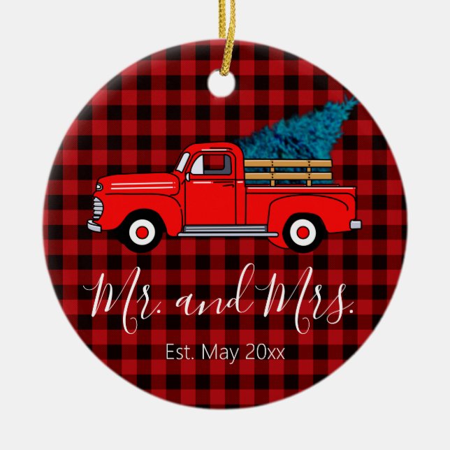 Classic retro red pickup truck red black plaid  ceramic ornament (Front)