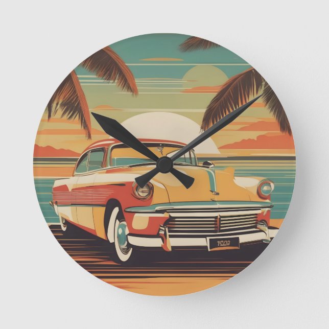 Classic retro vintage car poster round clock (Front)