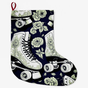 Classic Roller Skates  Flowers  ,black  white  Large Christmas Stocking