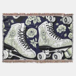 Classic Roller Skates  Flowers  ,black  white  Throw Blanket