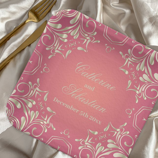 Classic Romantic Gold Pink Ornate Border Wedding Paper Plate (Creator Uploaded)
