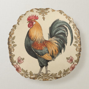 Classic,Rooster , Flowers Pattern, Vintage Round Pillow