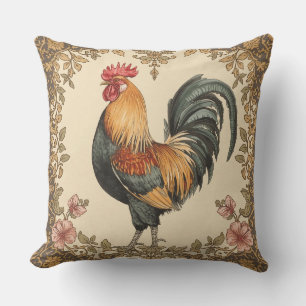 Classic,Rooster , Flowers Pattern, Vintage Throw Pillow