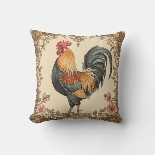 Classic,Rooster , Flowers Pattern, Vintage Throw Pillow (Front)