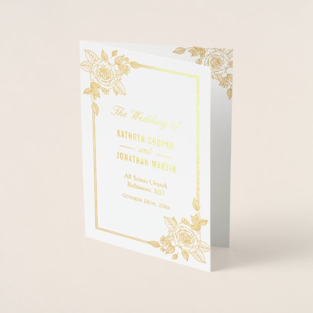 Classic Rose Floral Real Gold Foil Wedding Program Foil Card (Front)
